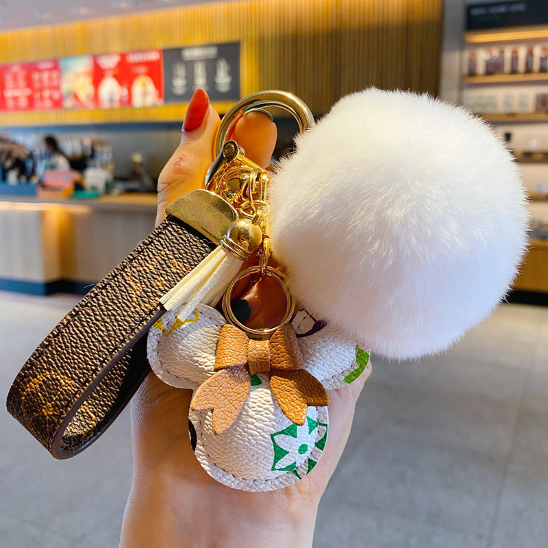 Luksus Mickey Nøglering – Kunstlæder & Pels Pom Charm til håndtaske eller bil