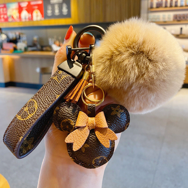 Luksus Mickey Nøglering – Kunstlæder & Pels Pom Charm til håndtaske eller bil
