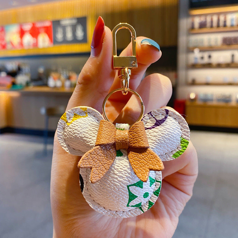 Luksus Mickey Nøglering – Kunstlæder & Pels Pom Charm til håndtaske eller bil