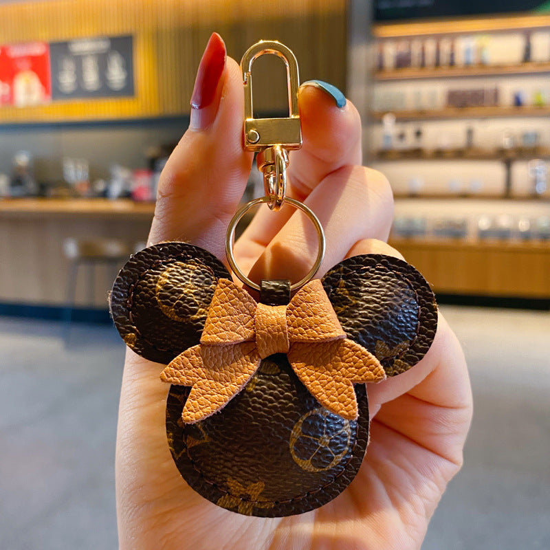 Luksus Mickey Nøglering – Kunstlæder & Pels Pom Charm til håndtaske eller bil