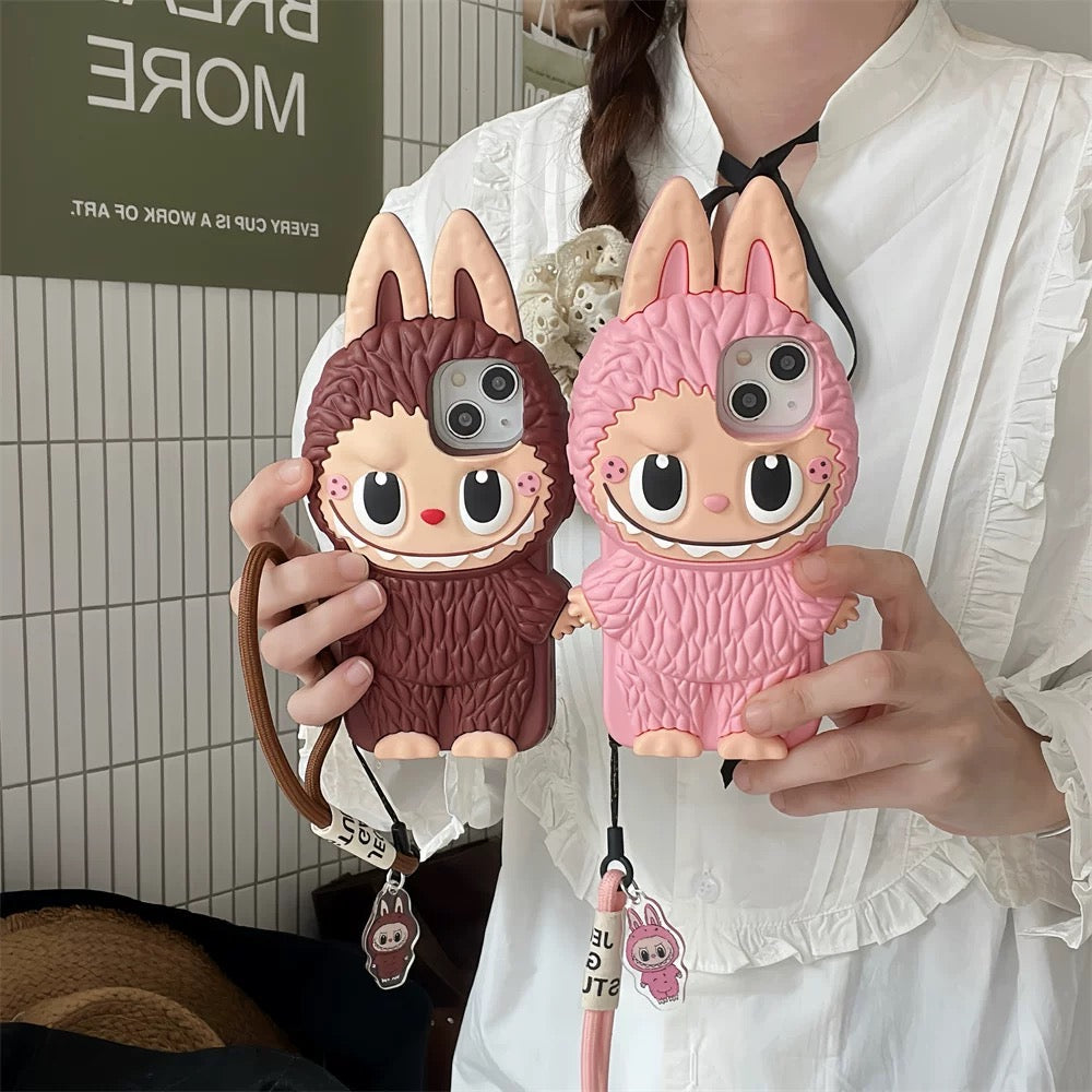 かわいい漫画の Labubu Zimomo シリコン ケース |ブラウン ピンク - iPhone ケース