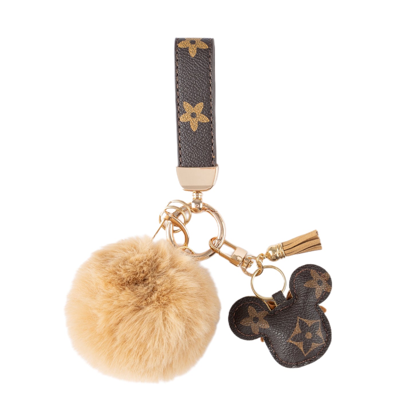 Luksus Mickey Nøglering – Kunstlæder & Pels Pom Charm til håndtaske eller bil