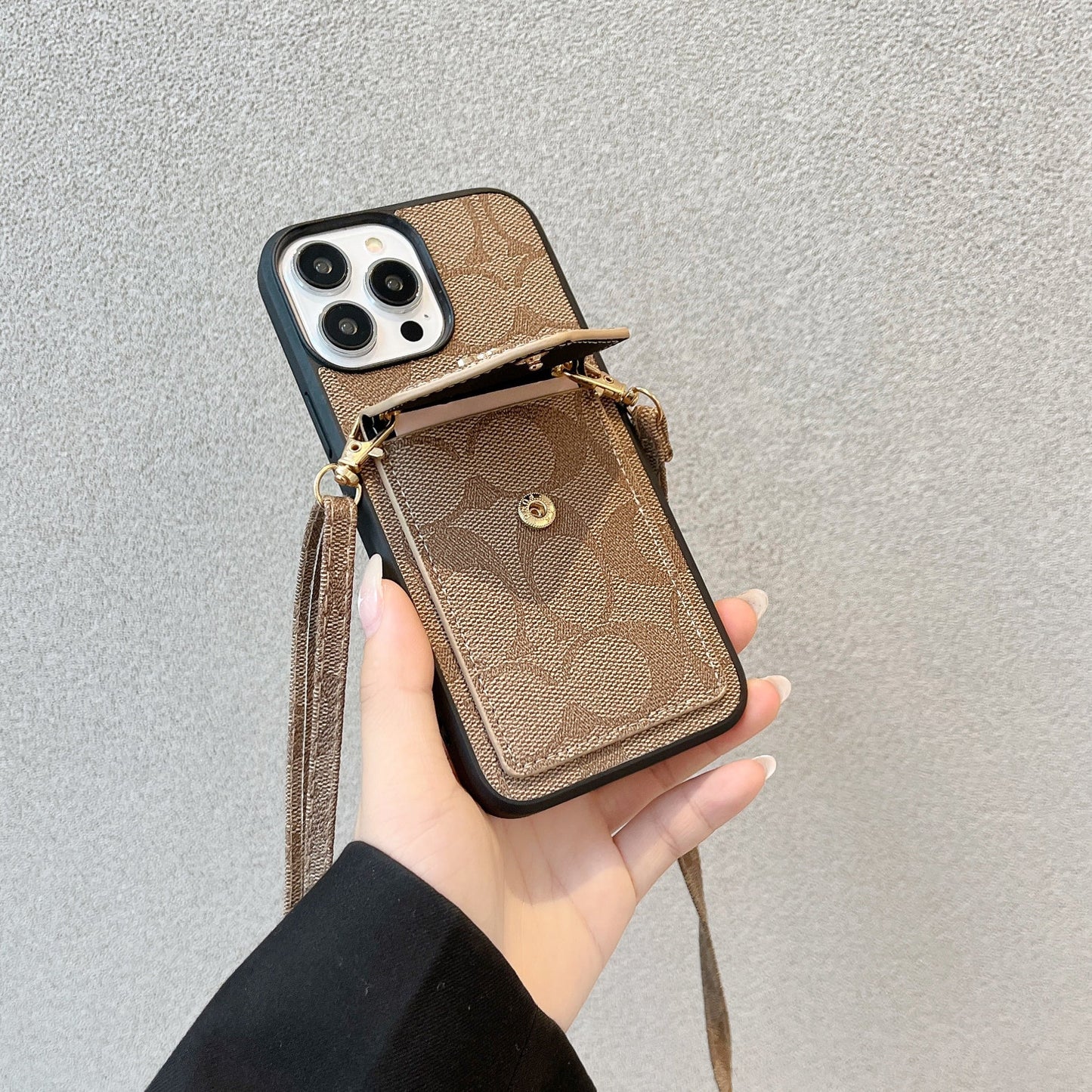 Custodia classica per iPhone con porta carte e cinturino marrone chiaro -SJ240513