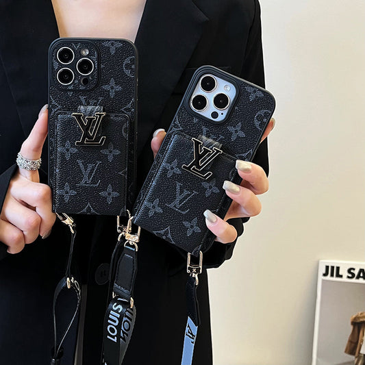 Luxuriöse iPhone-Hülle mit Kartentaschenkette in Schwarz