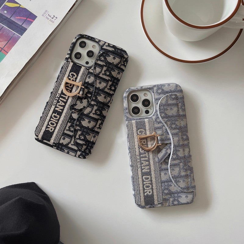 Modieus iPhone-hoesje van zwart & grijs stoffen kaartzakje