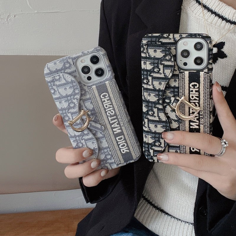 Modieus iPhone-hoesje van zwart & grijs stoffen kaartzakje