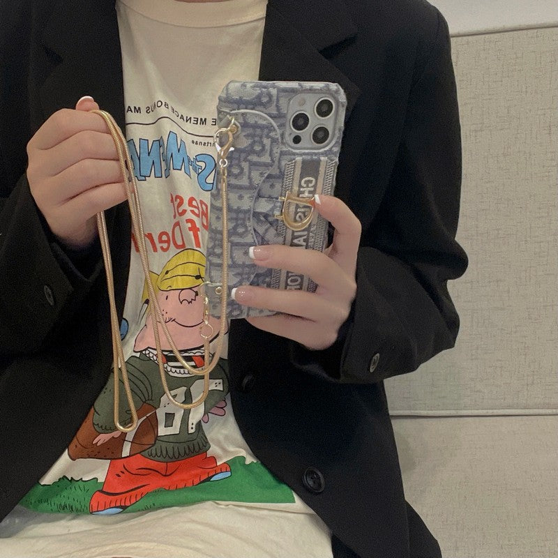 패션 블랙 & 그레이 패브릭 카드백 크로스바디 아이폰 케이스