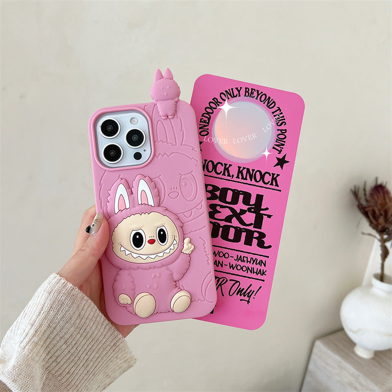 Custodia in silicone 3D Labubu simpatico cartone animato | Marrone Rosa - Custodia per iPhone
