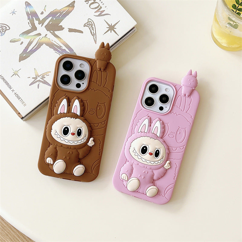 Custodia in silicone 3D Labubu simpatico cartone animato | Marrone Rosa - Custodia per iPhone