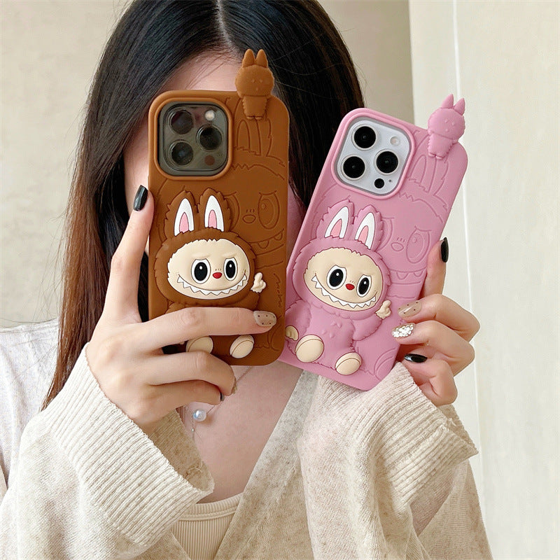 Custodia in silicone 3D Labubu simpatico cartone animato | Marrone Rosa - Custodia per iPhone
