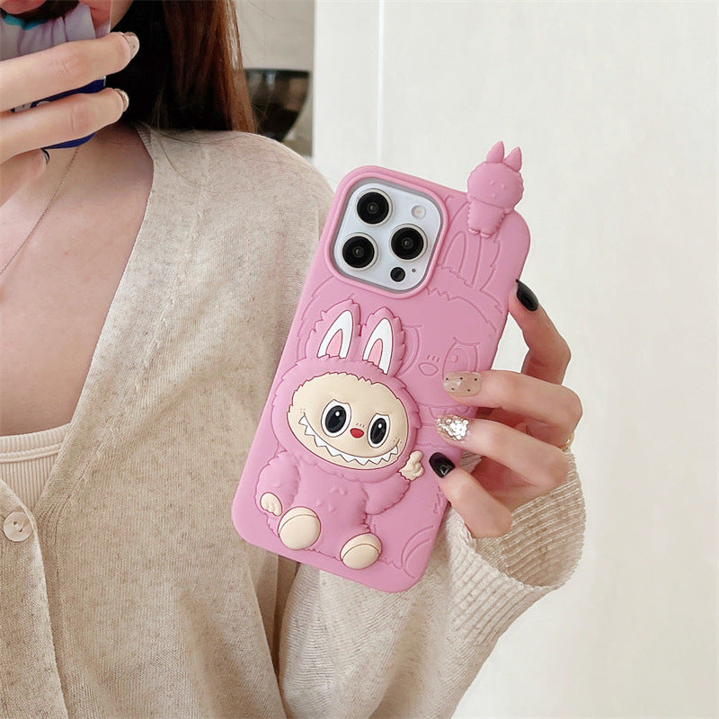 Custodia in silicone 3D Labubu simpatico cartone animato | Marrone Rosa - Custodia per iPhone