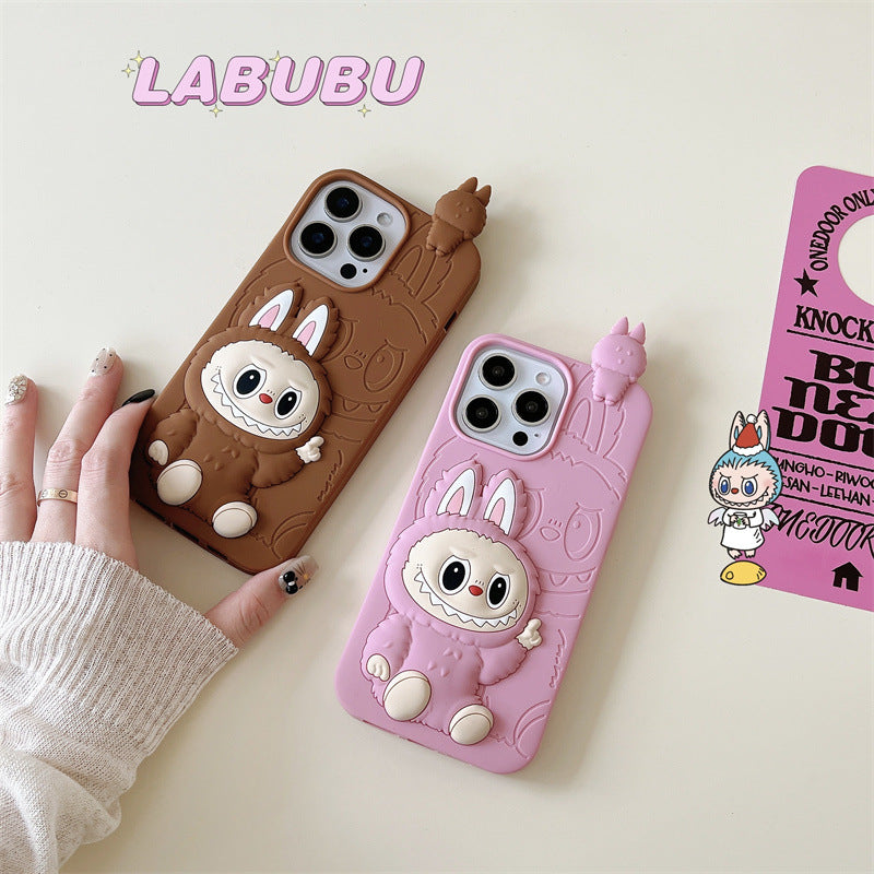 Custodia in silicone 3D Labubu simpatico cartone animato | Marrone Rosa - Custodia per iPhone