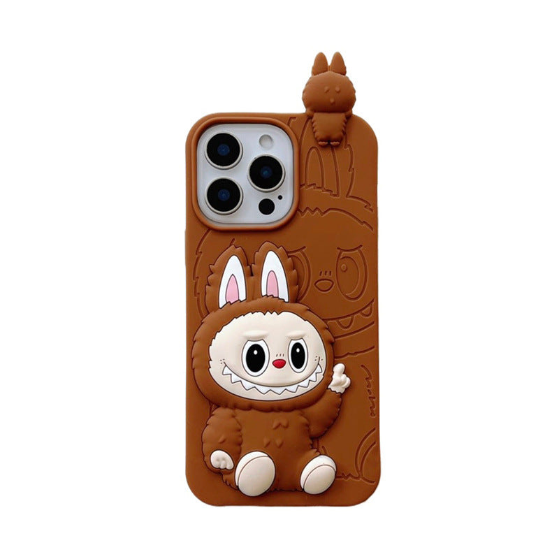 Custodia in silicone 3D Labubu simpatico cartone animato | Marrone Rosa - Custodia per iPhone