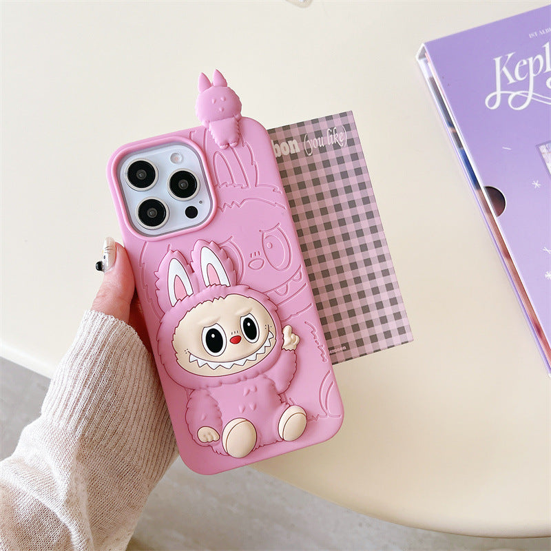 Custodia in silicone 3D Labubu simpatico cartone animato | Marrone Rosa - Custodia per iPhone