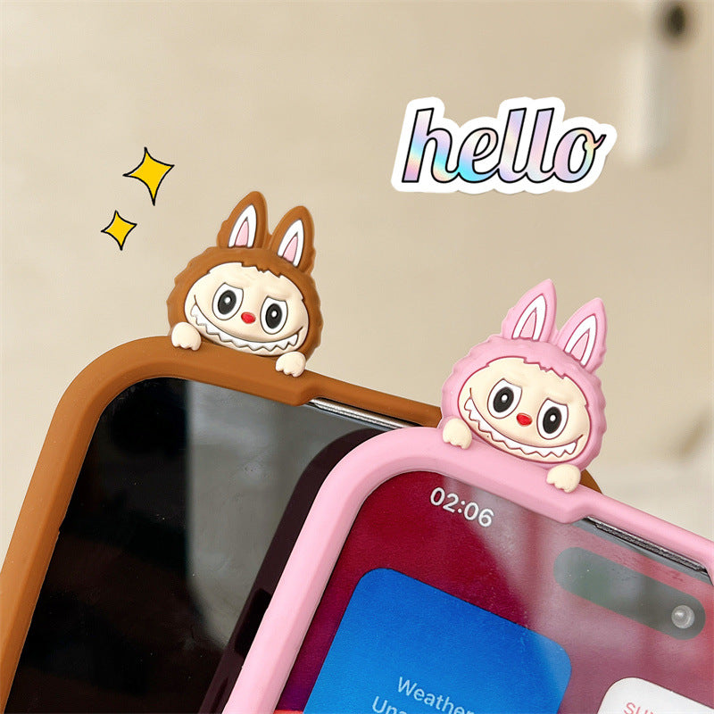 Custodia in silicone 3D Labubu simpatico cartone animato | Marrone Rosa - Custodia per iPhone
