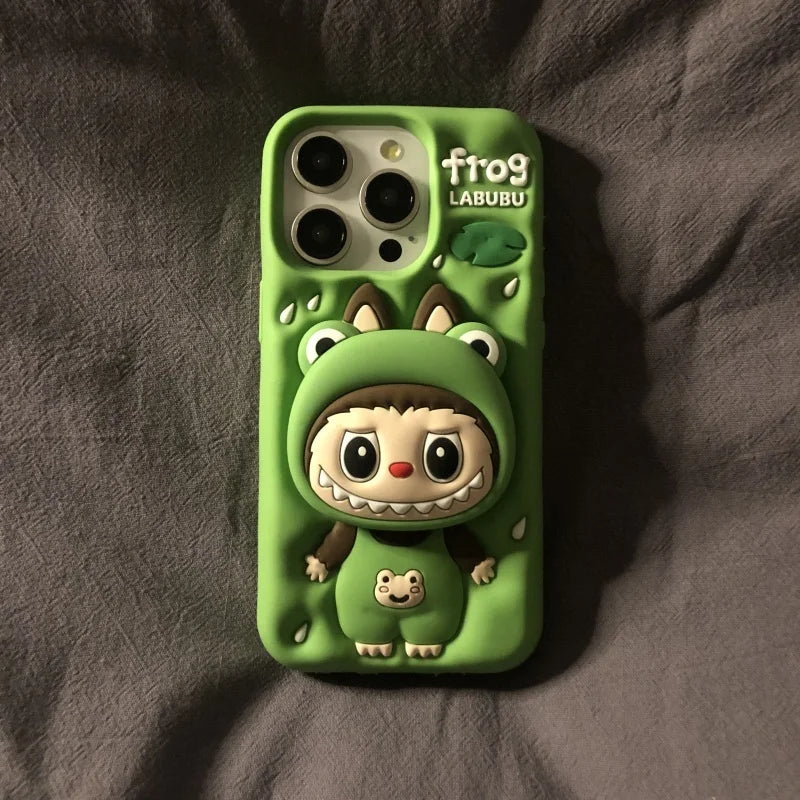 可愛卡通Labubu Zimomo 矽膠帶支架|棕色/粉紅色 - iPhone 手機殼