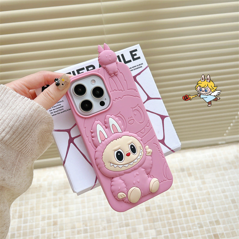 Custodia in silicone 3D Labubu simpatico cartone animato | Marrone Rosa - Custodia per iPhone