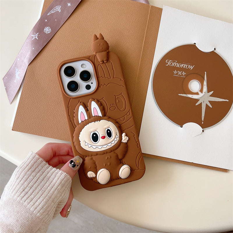 Custodia in silicone 3D Labubu simpatico cartone animato | Marrone Rosa - Custodia per iPhone