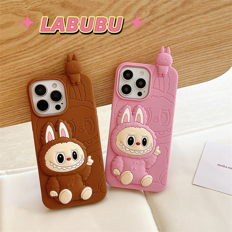 Custodia in silicone 3D Labubu simpatico cartone animato | Marrone Rosa - Custodia per iPhone