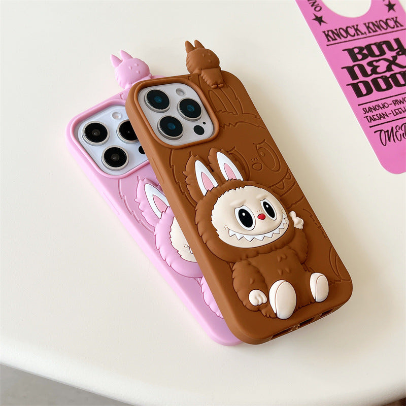 Custodia in silicone 3D Labubu simpatico cartone animato | Marrone Rosa - Custodia per iPhone
