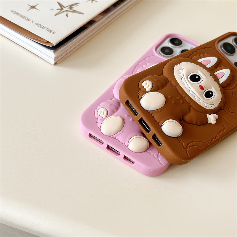 Custodia in silicone 3D Labubu simpatico cartone animato | Marrone Rosa - Custodia per iPhone