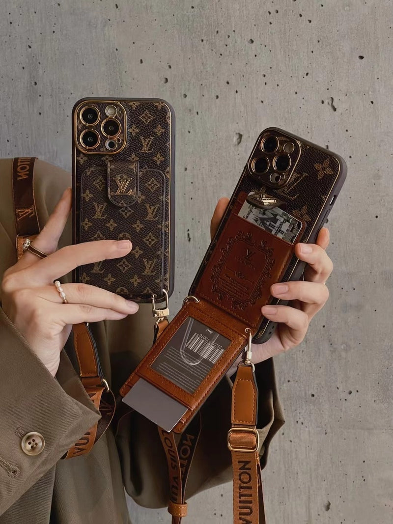 Edistyksellinen nahkainen iPhone-kotelo, jossa korttilompakko ja hihna