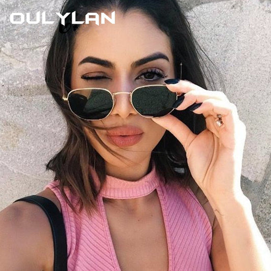 Oulylan خمر مضلع النظارات الشمسية النساء الرجال العلامة التجارية إطار معدني نظارات شمسية السيدات UV400 الإناث الفاخرة مضلع مكبرة الذكور