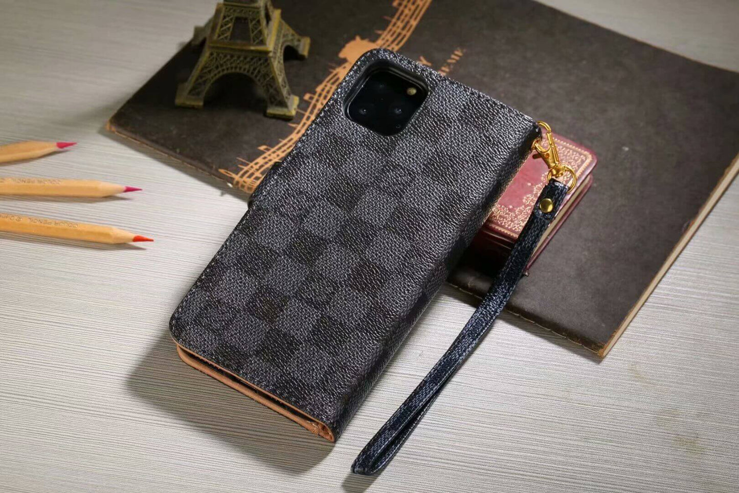 Luxus-Monogramm-Geldbörsenhülle für Samsung – Schwarzes Schachbrettmuster